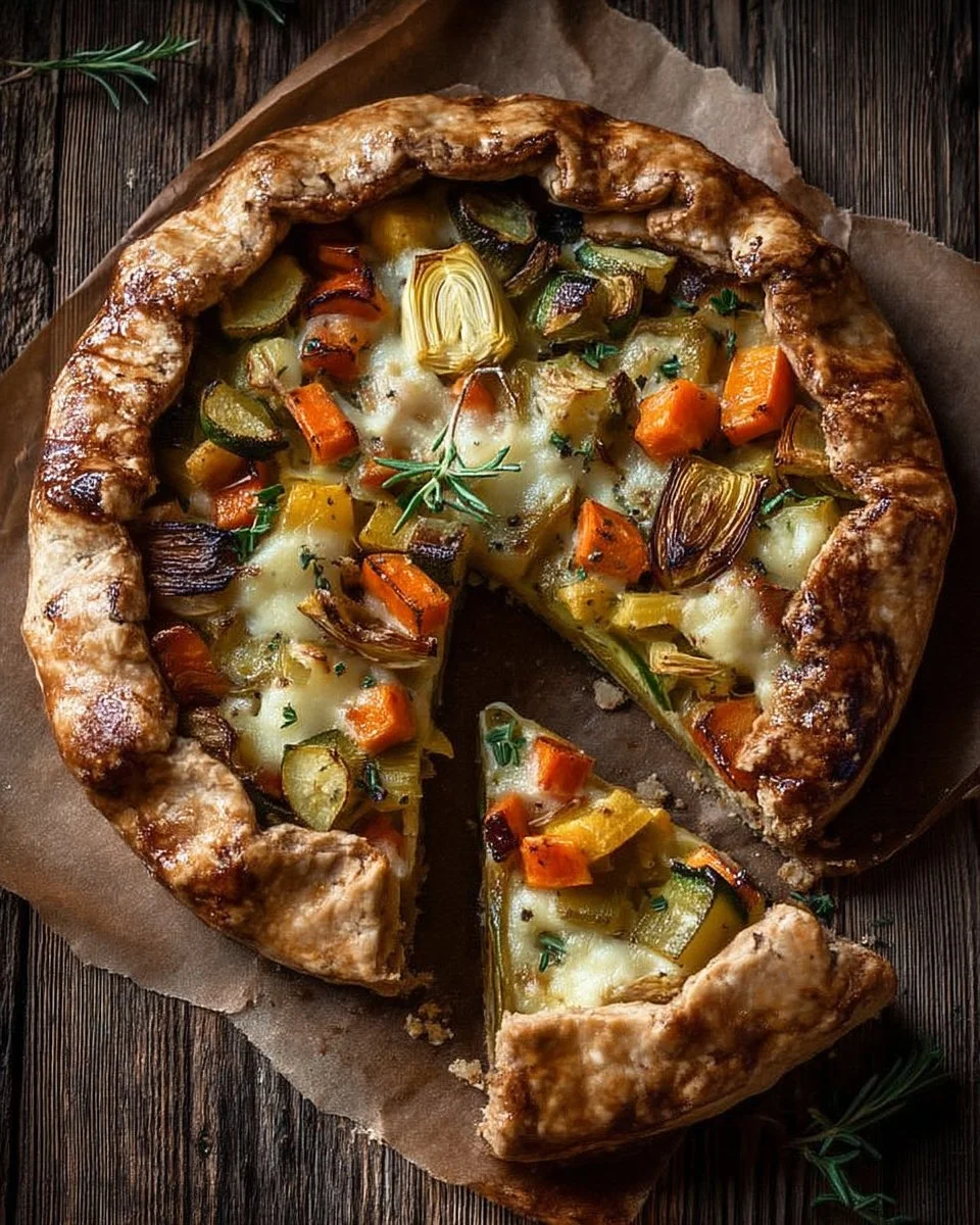 Tarte Rustique aux Légumes d’Hiver et Fromage, un plat savoureux et réconfortant.