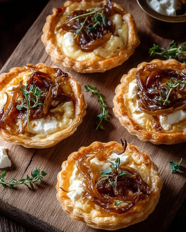 Tartelettes feuilletées garnies d'oignons caramélisés et fromage de chèvre
