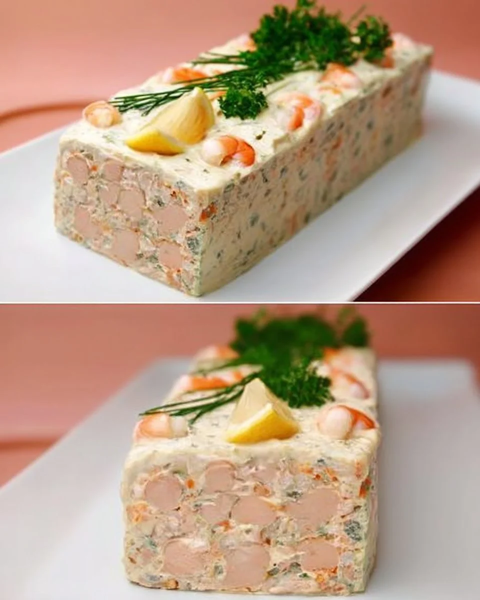 Terrine de Saint-Jacques, saumon et crevettes présentée dans un plat gourmet.