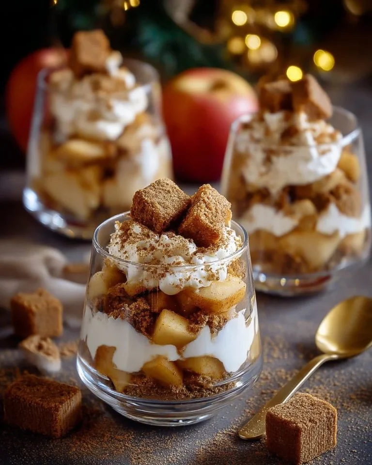 Verrines gourmandes de Spéculoos, Pomme et Crème Vanillée prêtes à être dégustées.