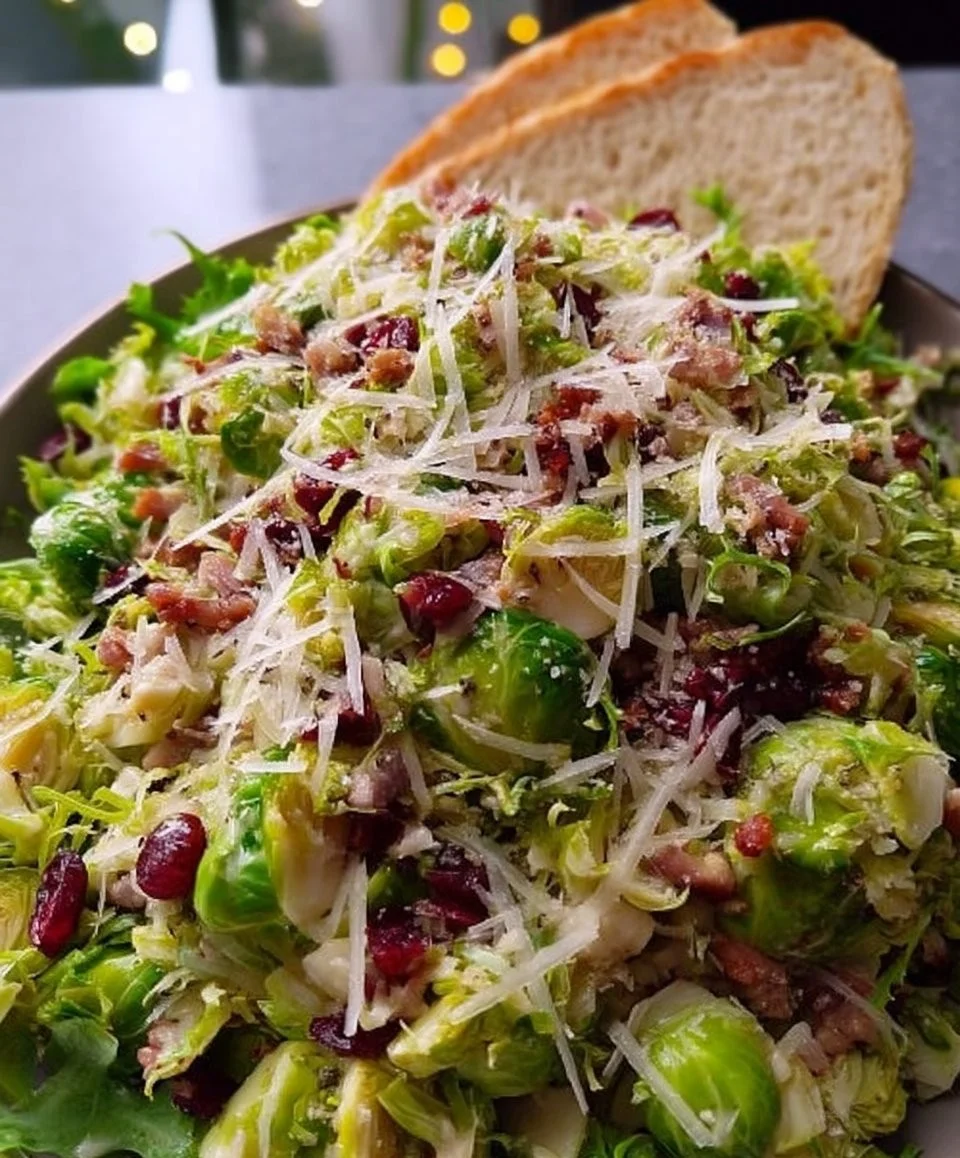 Salade tiède de choux de Bruxelles avec bacon et parmesan dans un bol.