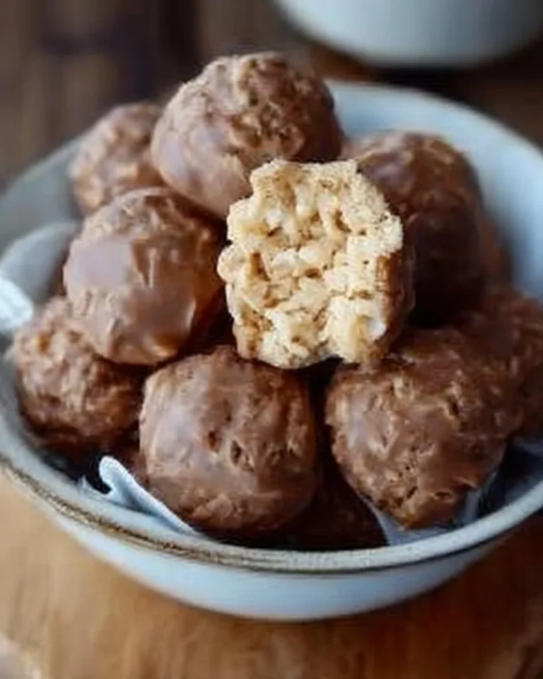 Boules de Beurre d'Arachides et Rice Krispies sans cuisson sur une assiette.