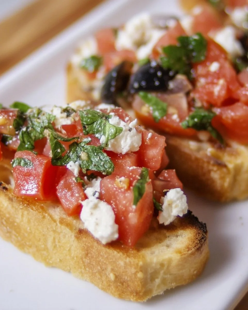 Bruschetta à la grecque garnie de légumes frais et feta sur pain croustillant.