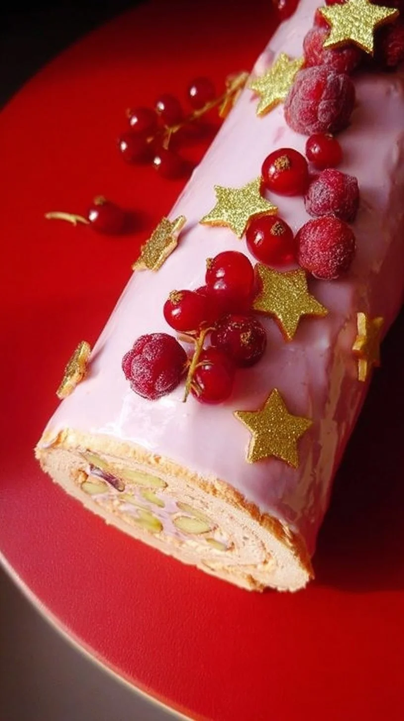 Bûche légère et fruitée décorée de fruits frais pour un dessert festif