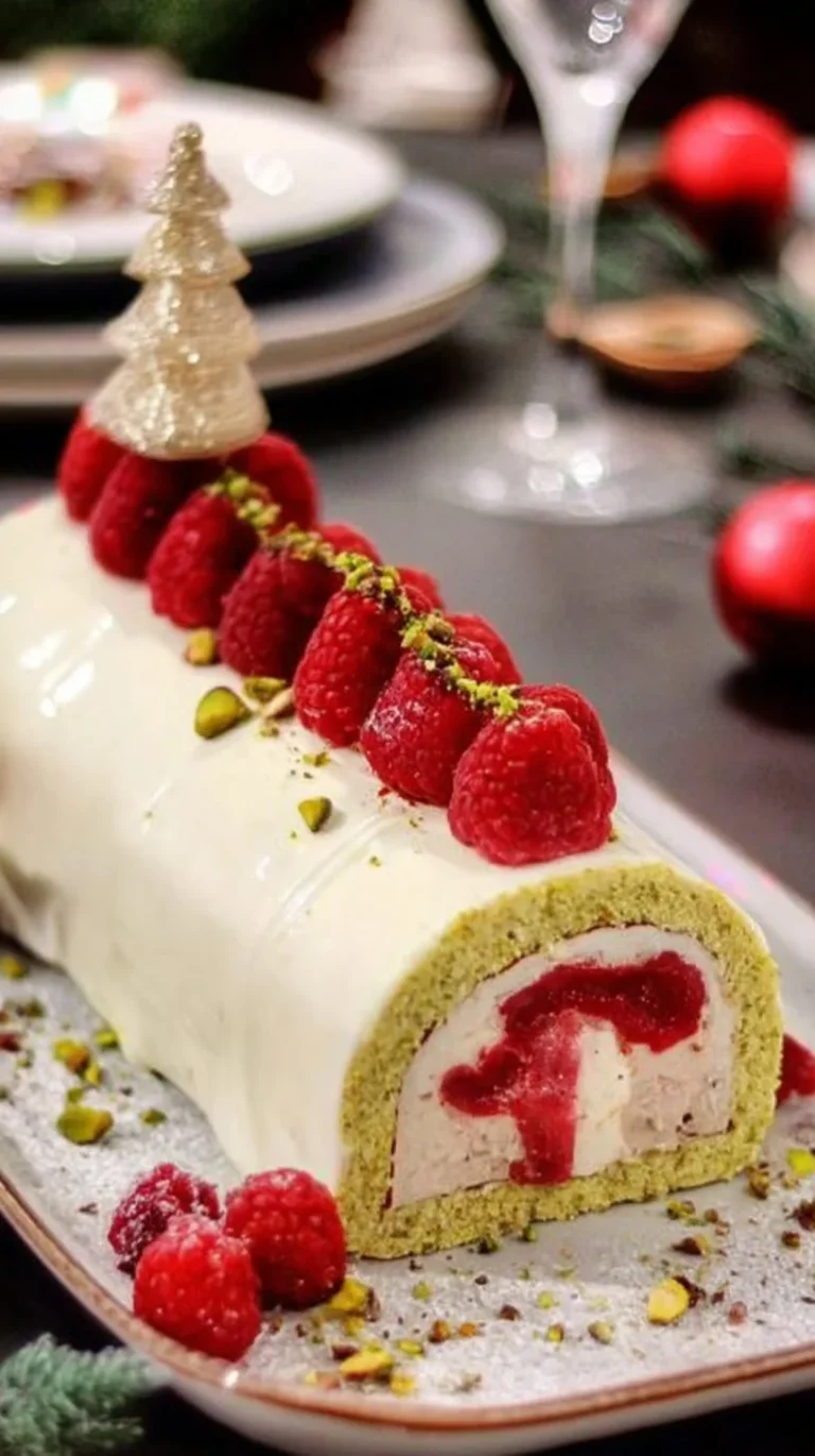 Bûche Vanille Framboise et Pistache décorée, parfaite pour les fêtes de fin d'année