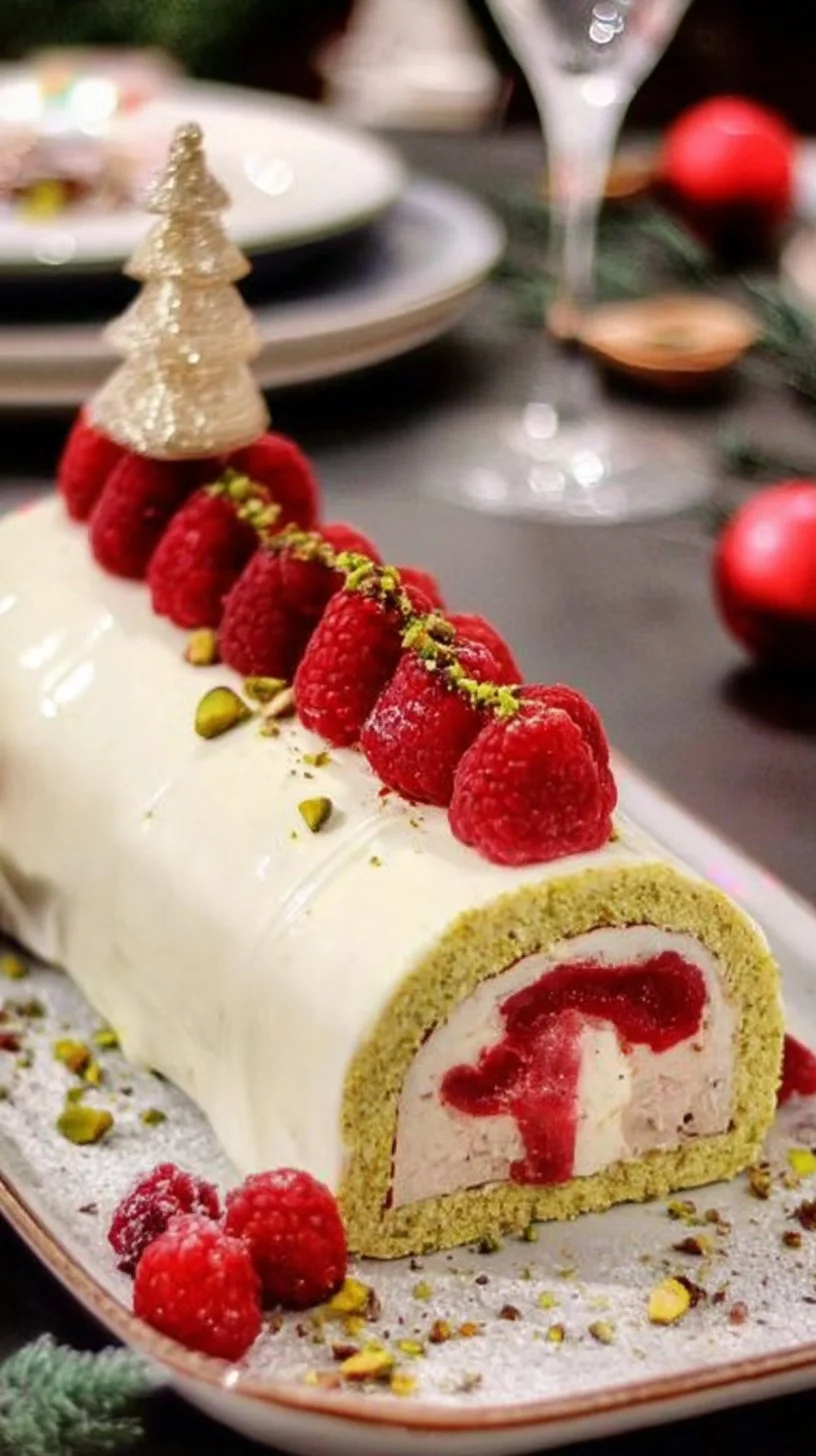 Bûche Vanille Framboise et Pistache décorée, parfaite pour les fêtes de fin d'année