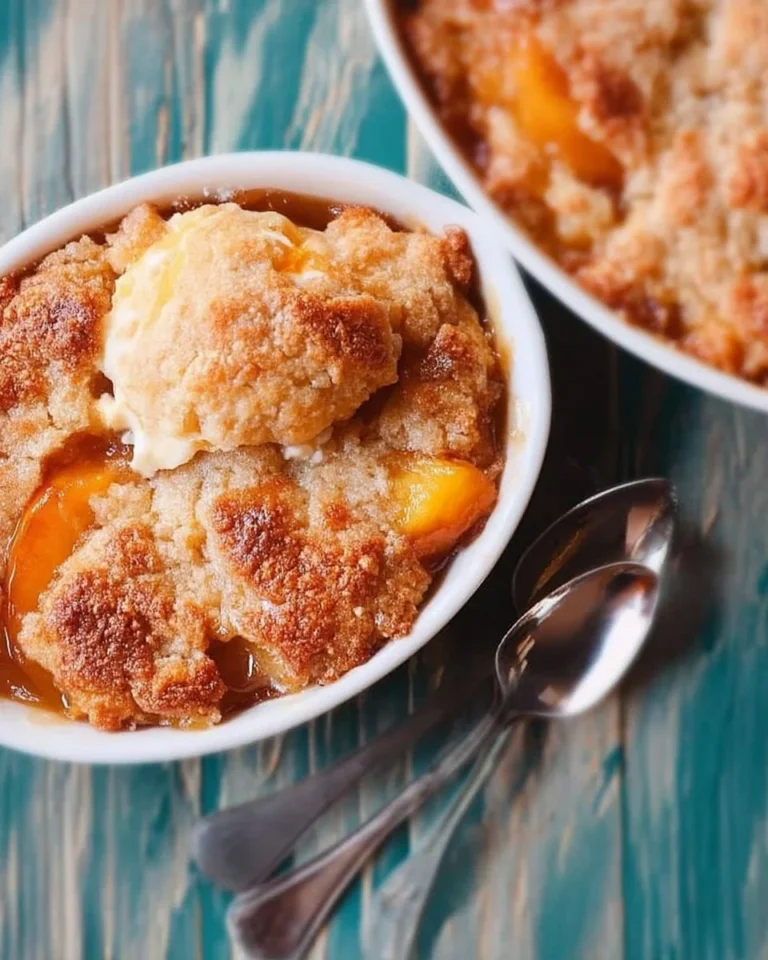 Cobbler aux pêches fraîchement cuit, avec une croûte dorée et des fruits juteux.