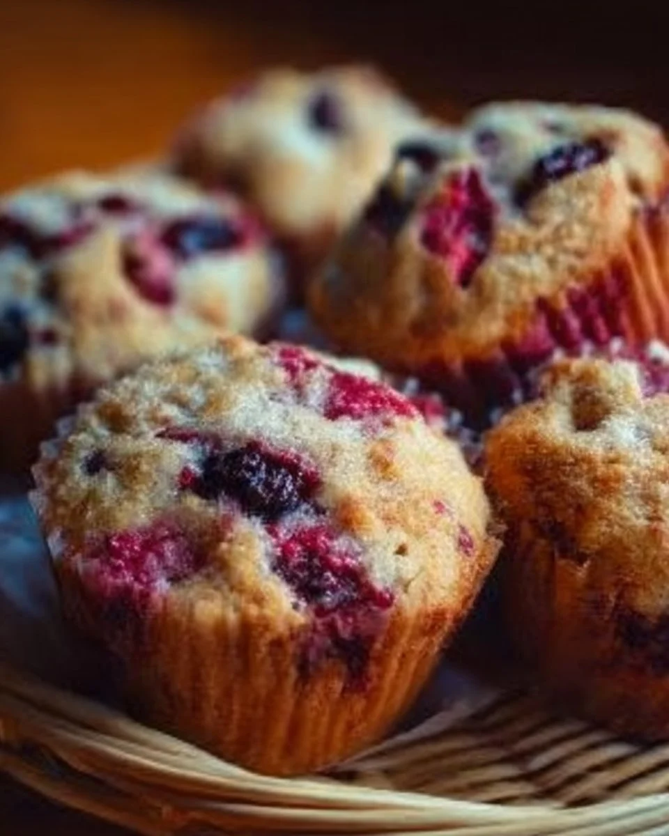 Muffins aux fruits colorés et appétissants présentés sur une assiette.