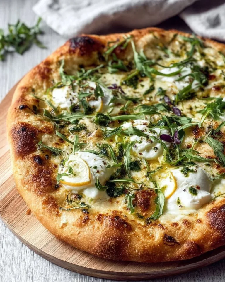 Pizza blanche avec burrata fumée, citron et herbes fraîches, garnitures savoureuses.