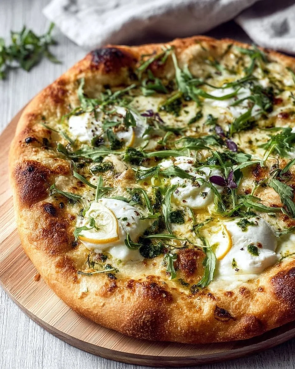 Pizza blanche avec burrata fumée, citron et herbes fraîches, garnitures savoureuses.