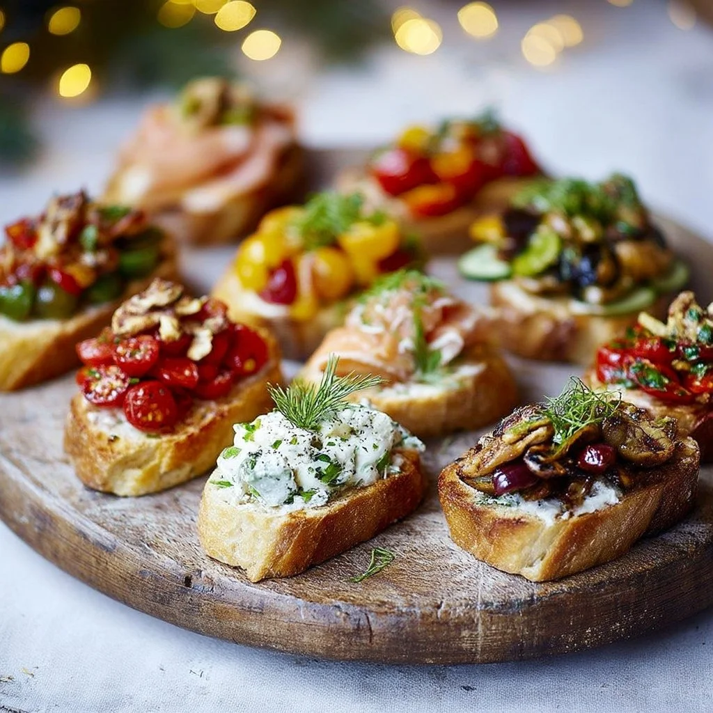 Assortiment de bruschettas festives sur une planche en bois