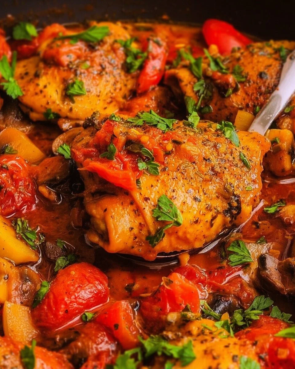Plat de poulet cacciatore servi avec légumes et herbes fraîches