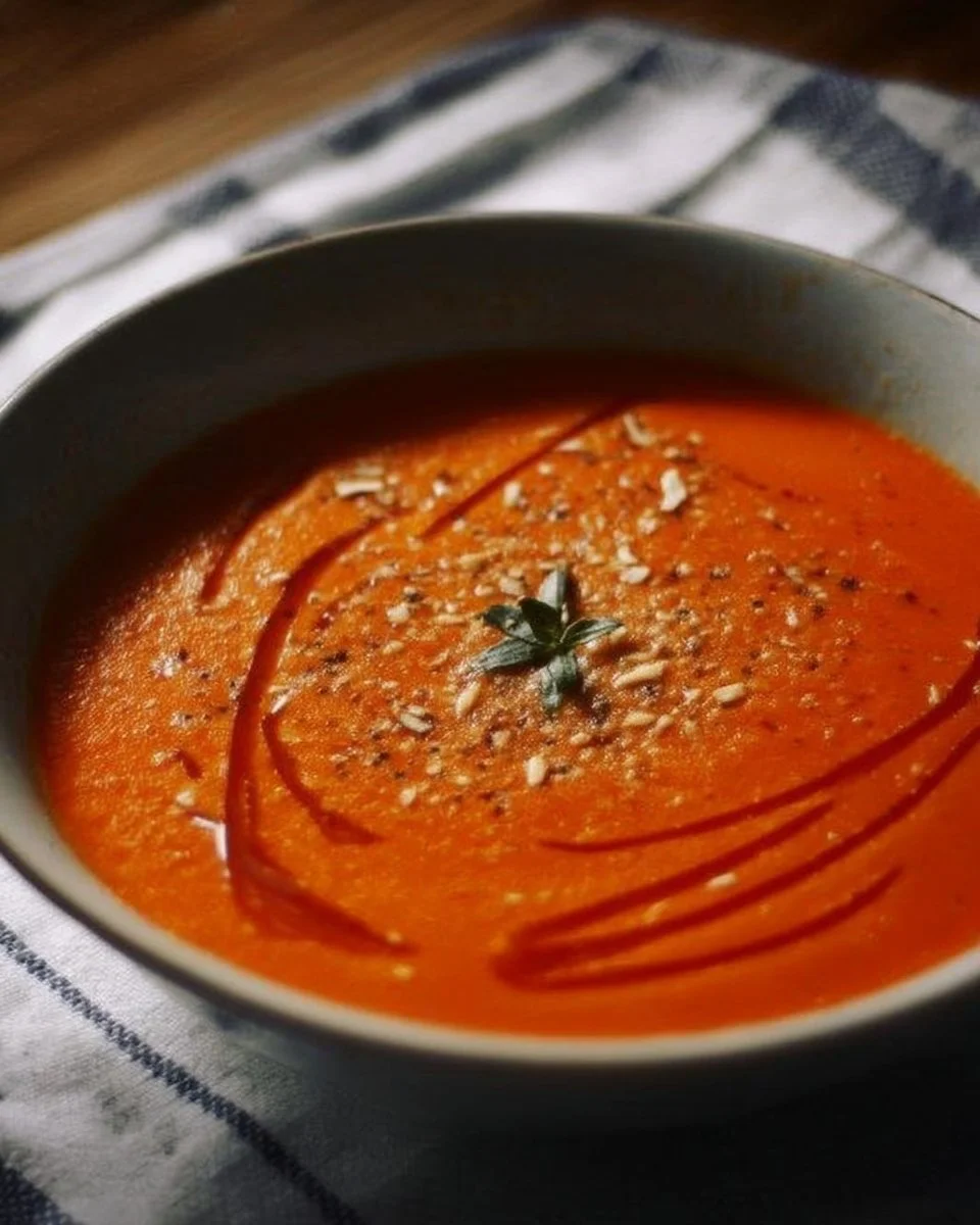 Bol de soupe réconfortante aux poivrons rouges, garnie d'herbes fraîches.