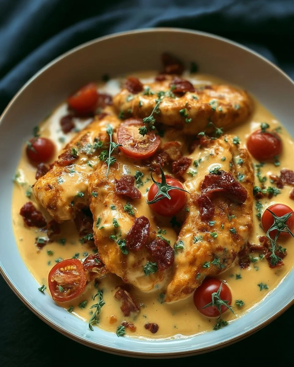 Aiguillettes de Poulet à la Sauce Crémeuse au Chorizo dans une assiette