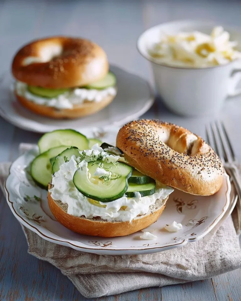 Bagel avec fromage à la crème et concombre croquant sur une assiette