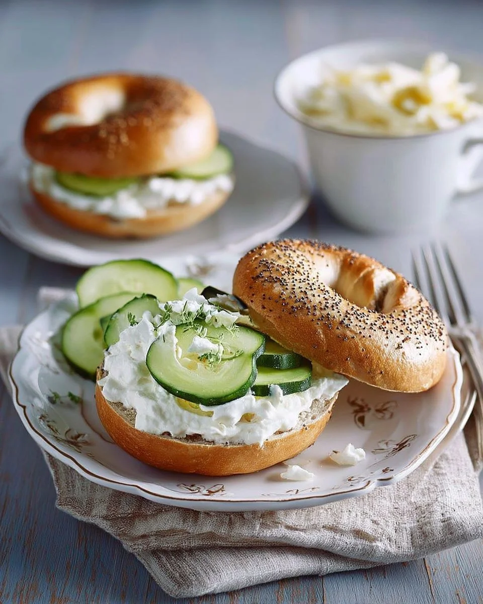 Bagel avec fromage à la crème et concombre croquant sur une assiette