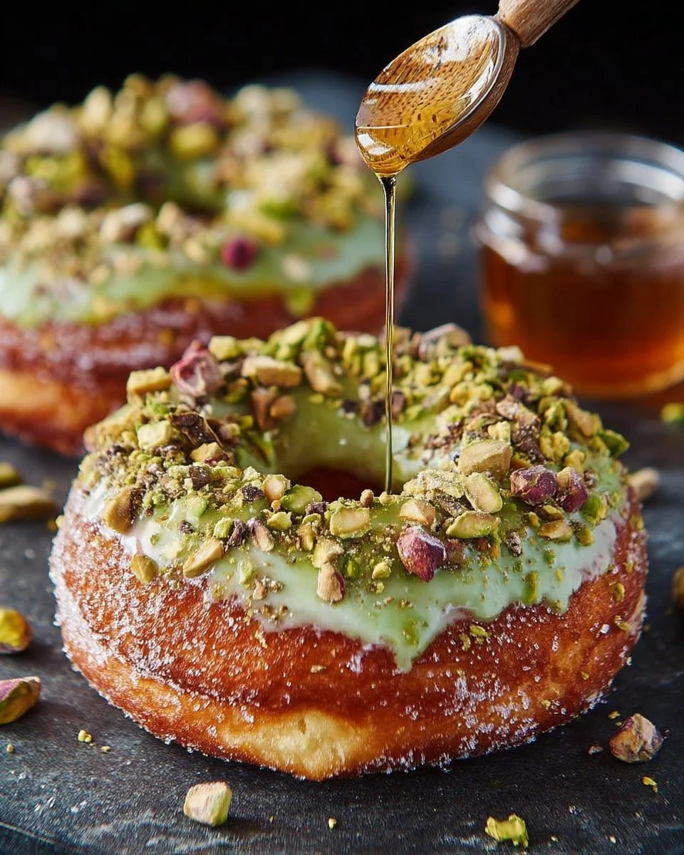 Beignet brioché à la pistache et miel, délicieusement moelleux.