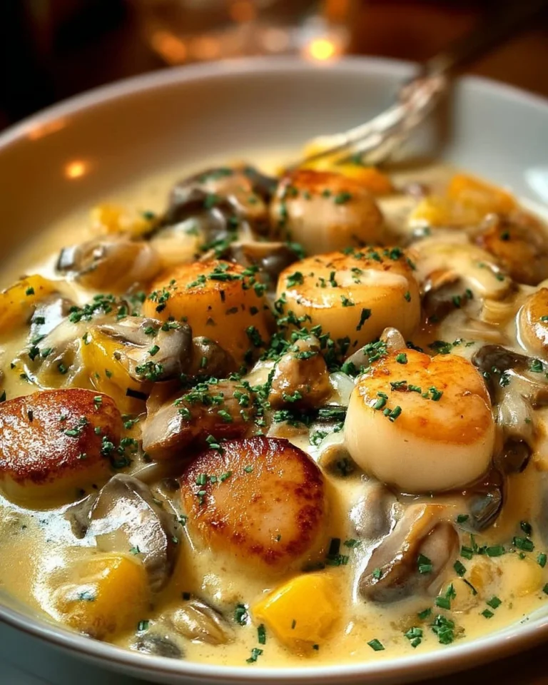 Blanquette de Saint-Jacques aux Champignons, plat français élégant et savoureux