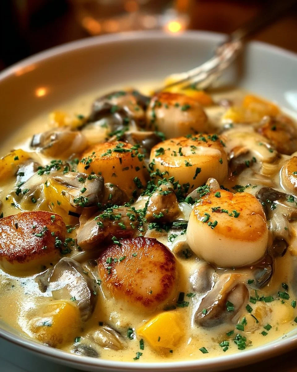 Blanquette de Saint-Jacques aux Champignons, plat français élégant et savoureux