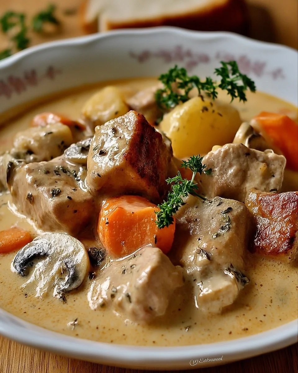 Blanquette de veau traditionnelle servie avec des légumes et de la sauce crémeuse