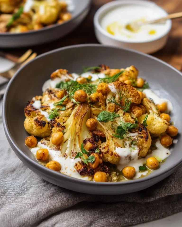Bol de chou-fleur grillé avec pois chiche et sauce crémeuse à la feta.