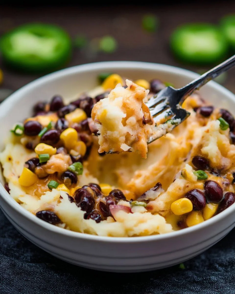 Bol de patates pilées avec fèves noires prêt à déguster.