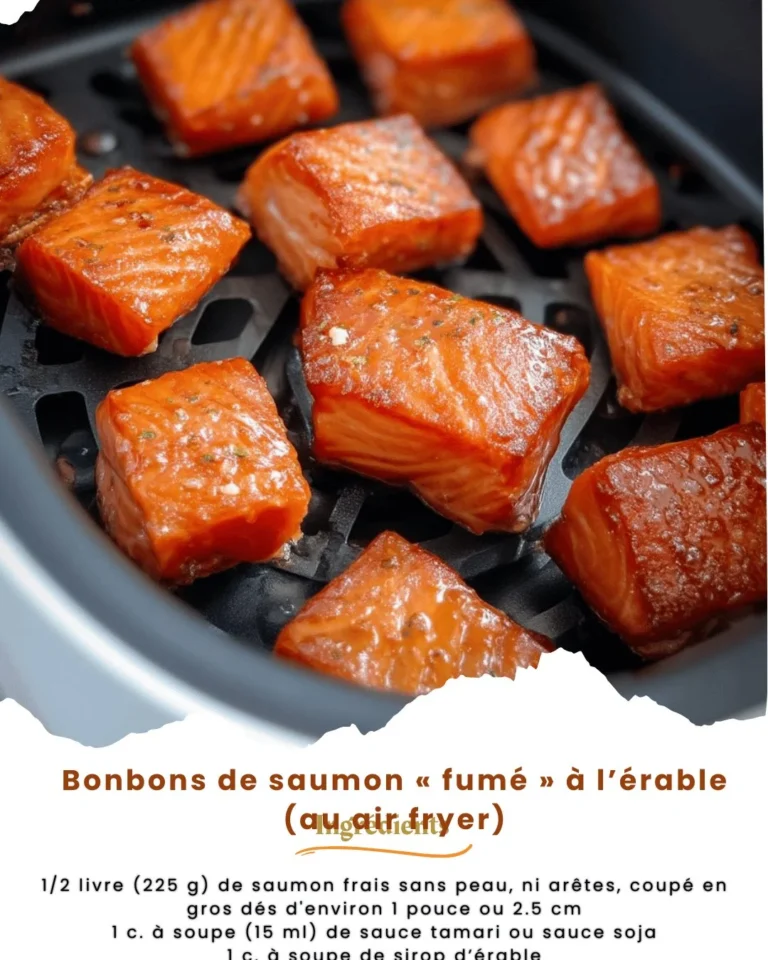 Bonbons de saumon fumé à l'érable cuits dans un air fryer, prêt à déguster.