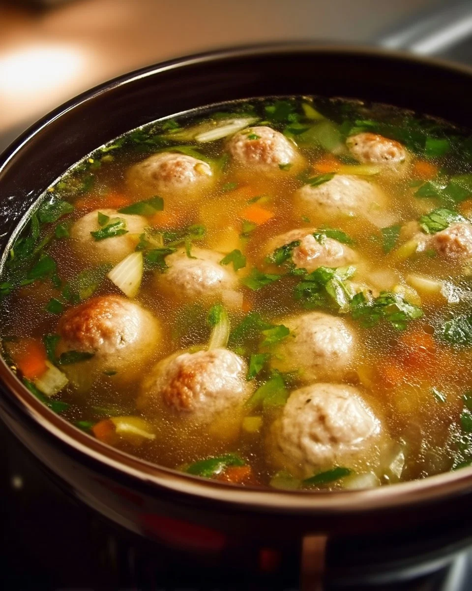 Bol de bouillon avec des petites boulettes maison, plat réconfortant.