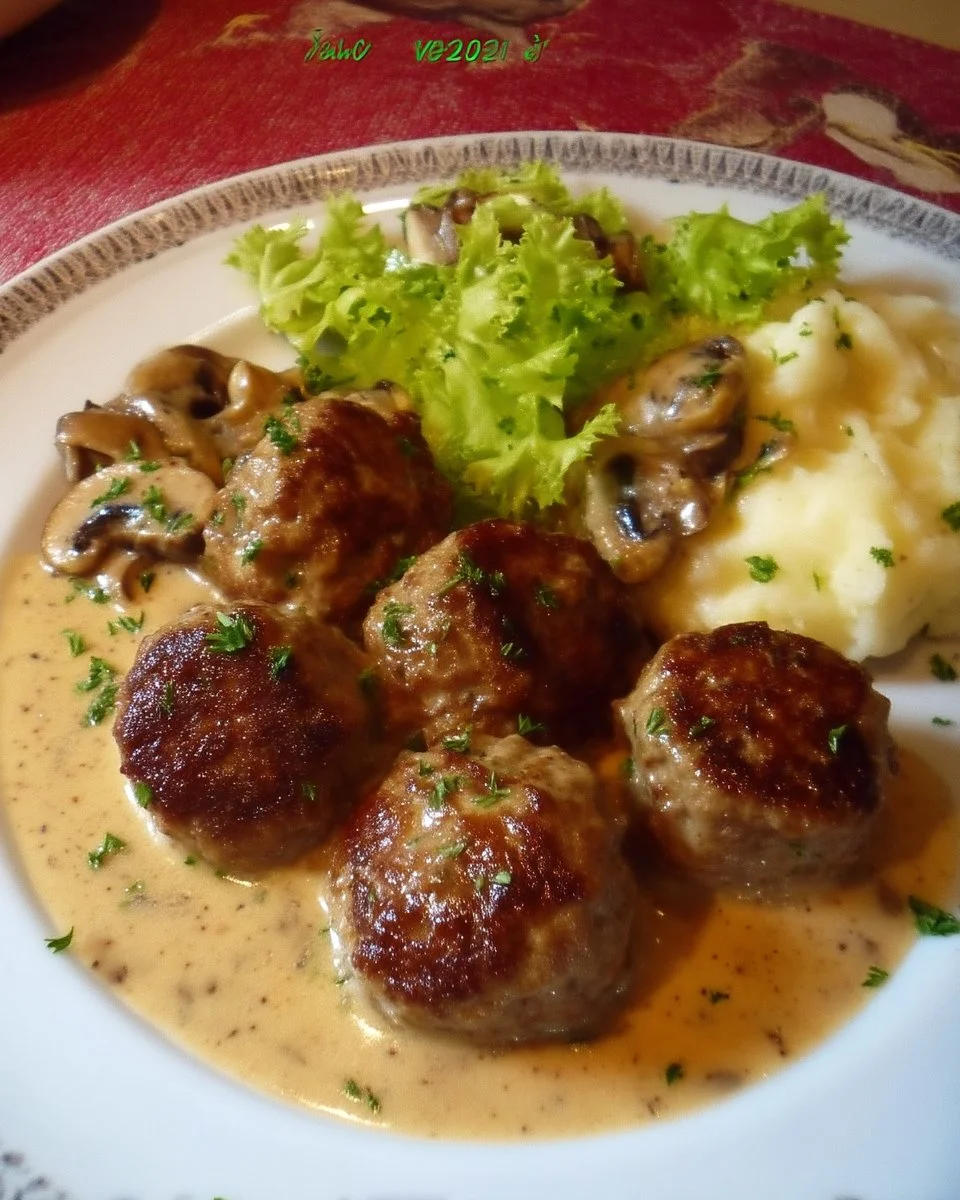 Boulettes de viande aux champignons servies avec une garniture délicieuse