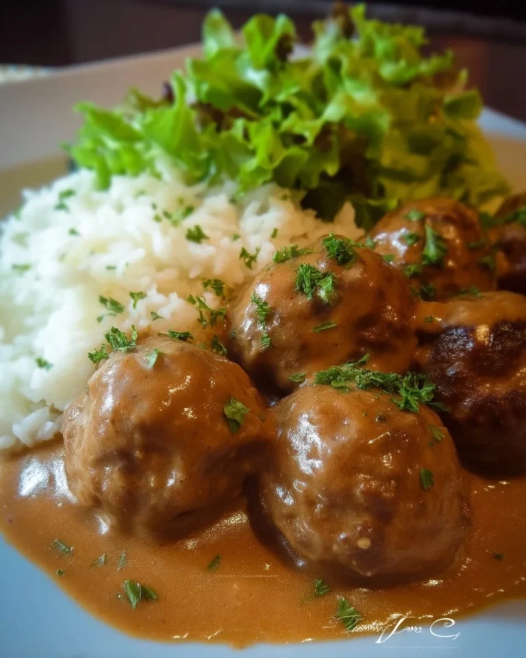 Boulettes façon Stroganoff servies avec une sauce crémeuse et des pâtes.