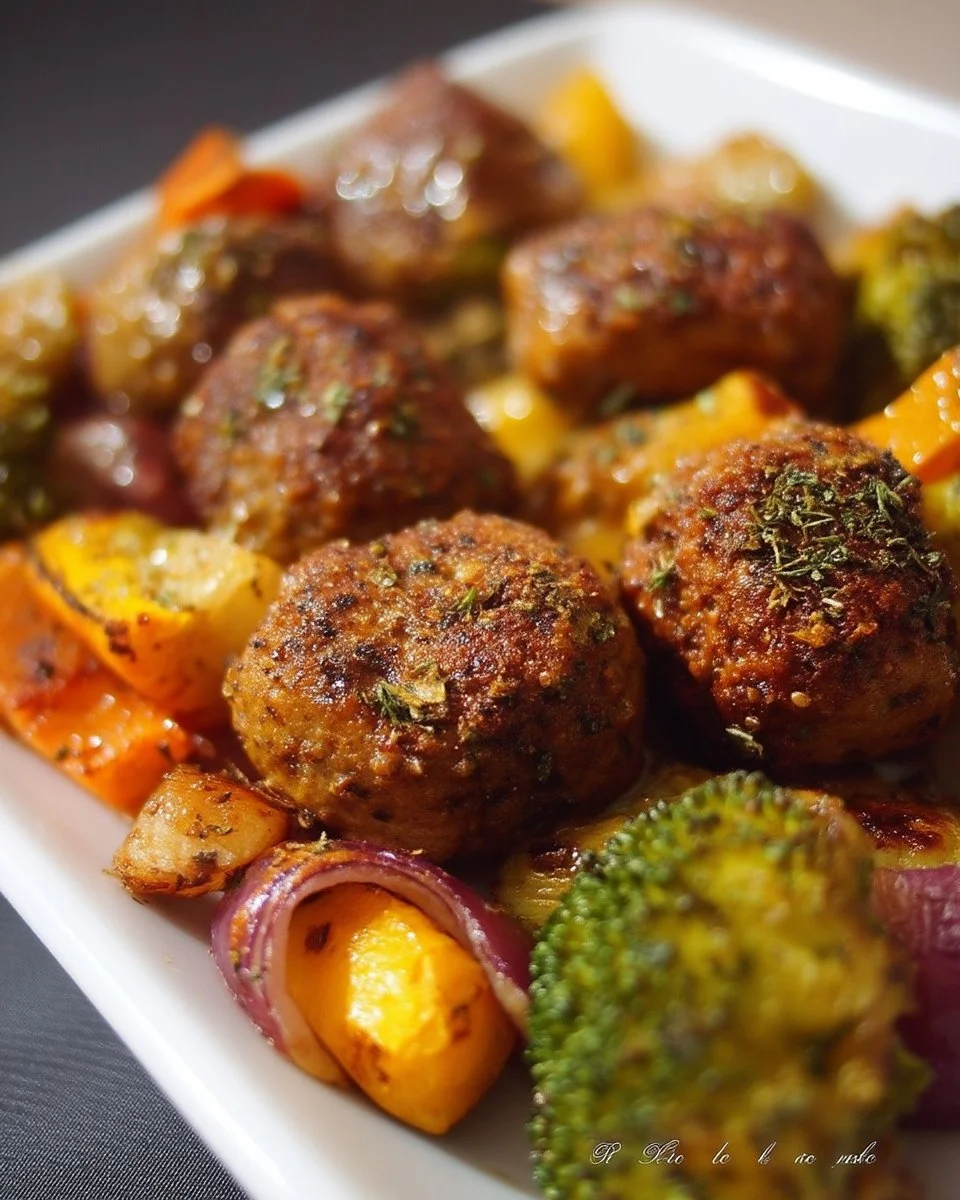 Boulettes moutarde et miel dorées sur une plaque de cuisson.