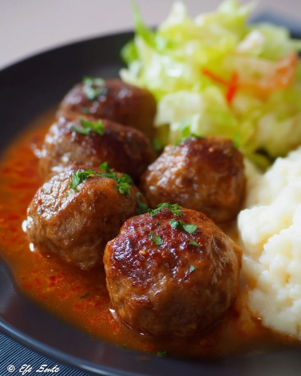 Boulettes orientales épicées servies avec sauce et légumes frais.