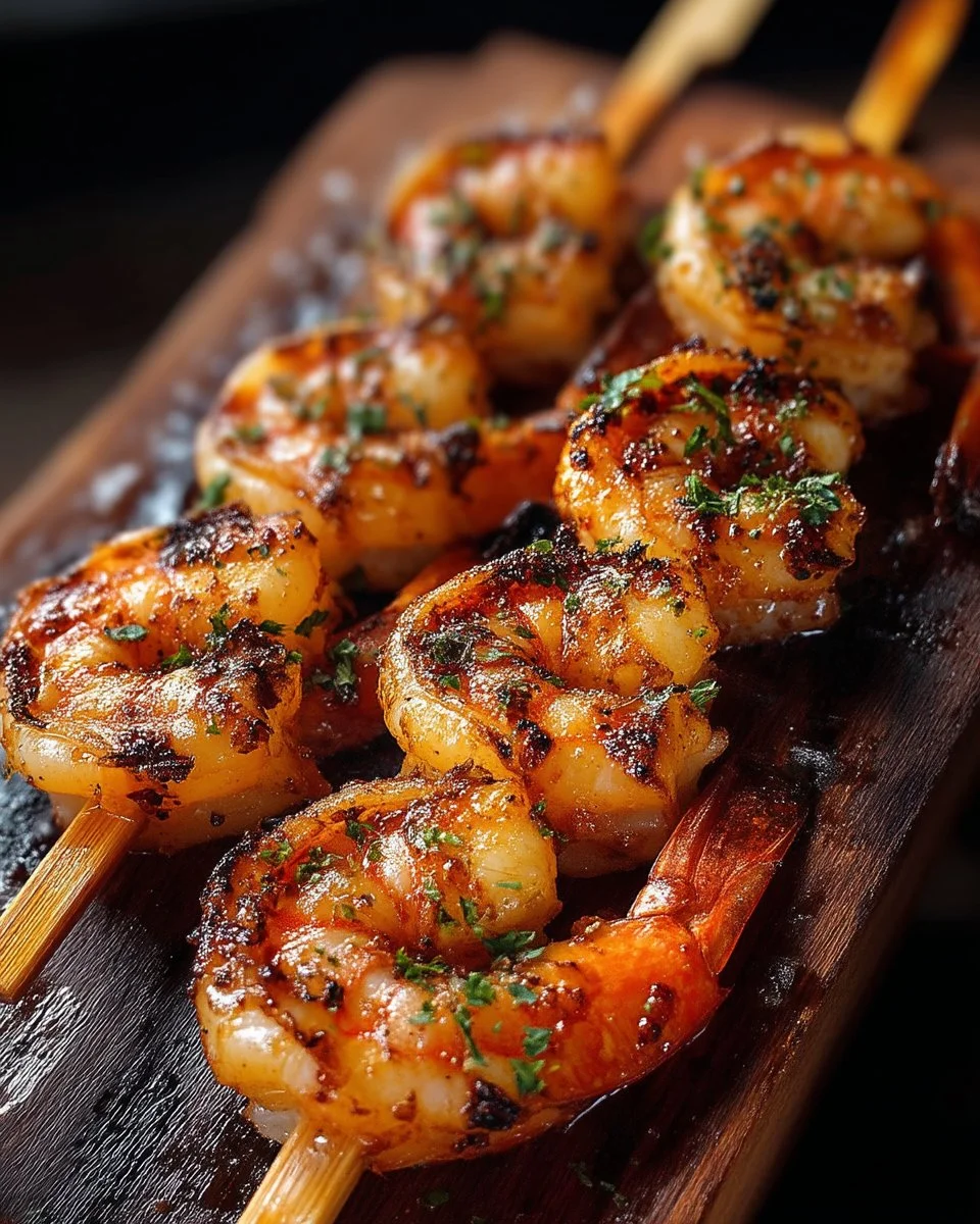 Brochettes de crevettes grillées sur un barbecue, plat savoureux d'été.