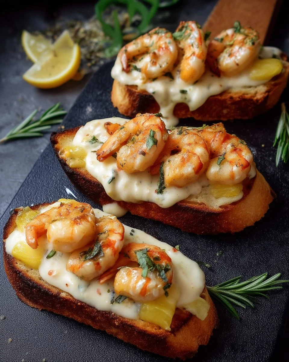 Bruschettas garnies de crevettes gratinées et de sauce crémeuse