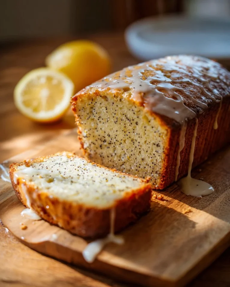 Tranche de cake au citron et aux graines de pavot sur une assiette