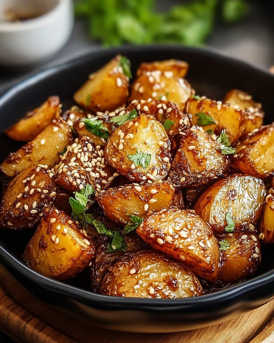 Pommes de terre caramélisées au soja, gingembre et sésame dans une assiette