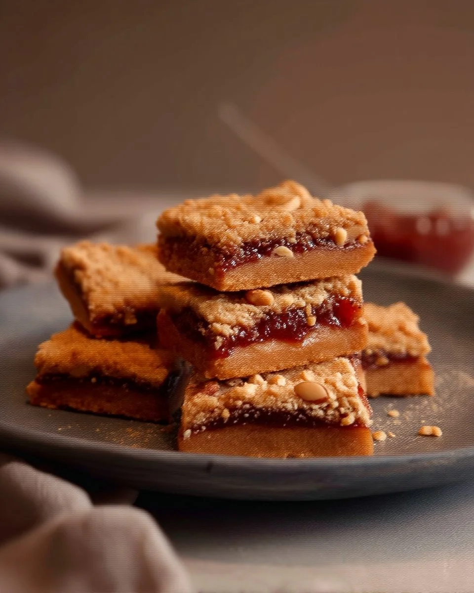 Carrés au beurre d'arachide et confiture, un délice sucré fait maison.
