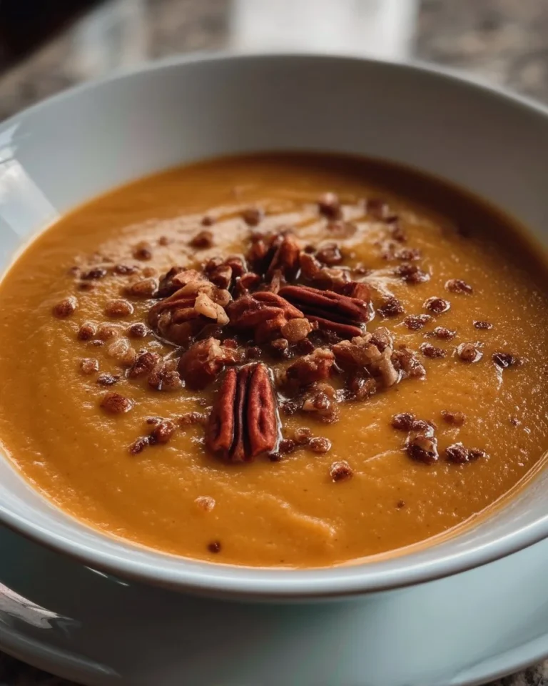 Soupe de carottes garnie de pacanes épicées au sirop d'érable