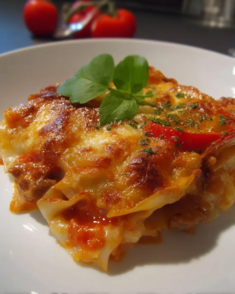 Casserole de lasagne aux saucisses et poivrons grillés prête à déguster.