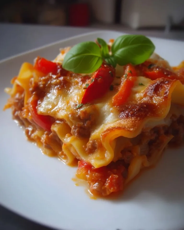Lasagne aux saucisses et poivrons grillés dans un plat en céramique.