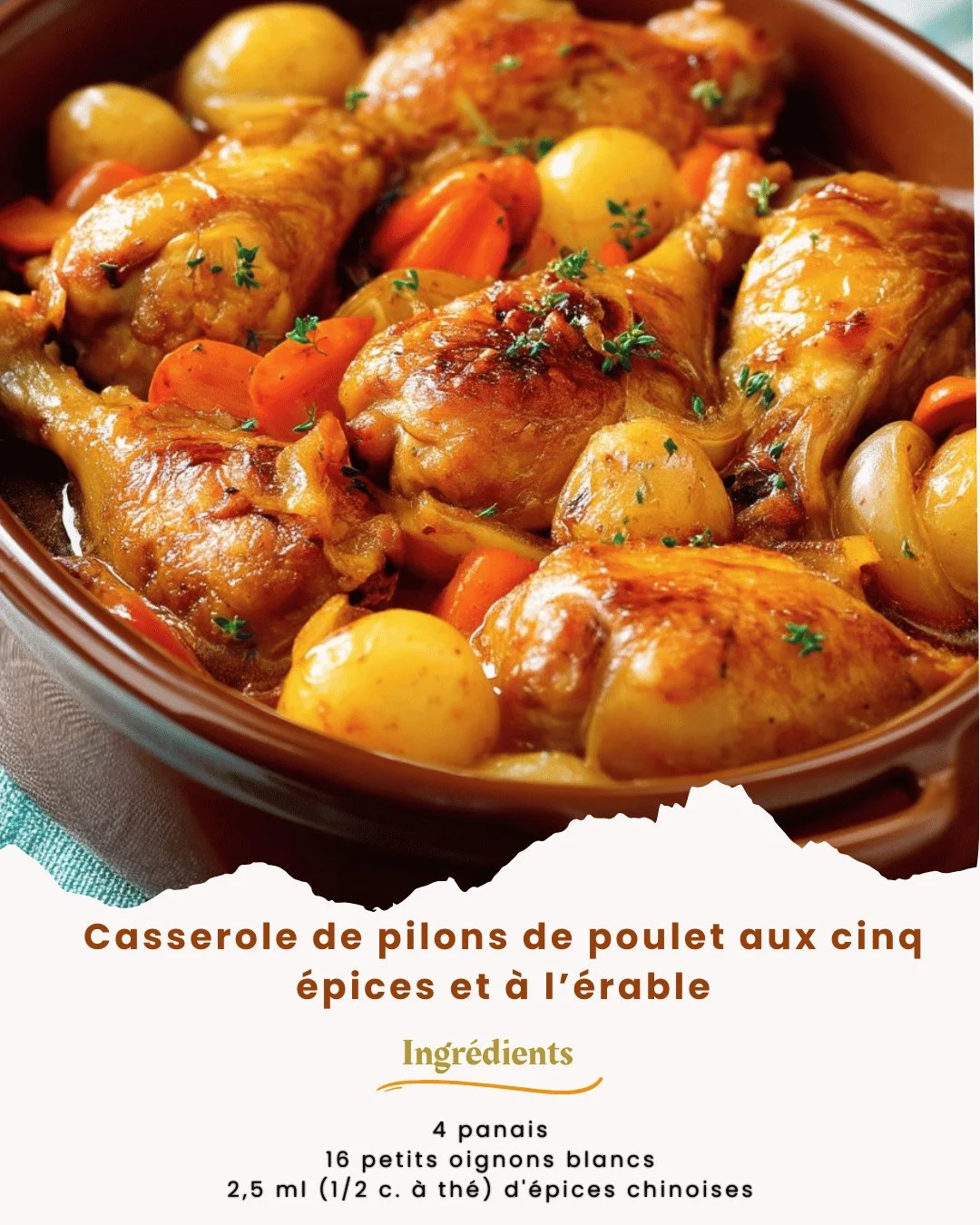 Casserole de pilons de poulet aux cinq épices et sirop d'érable, plat appétissant.