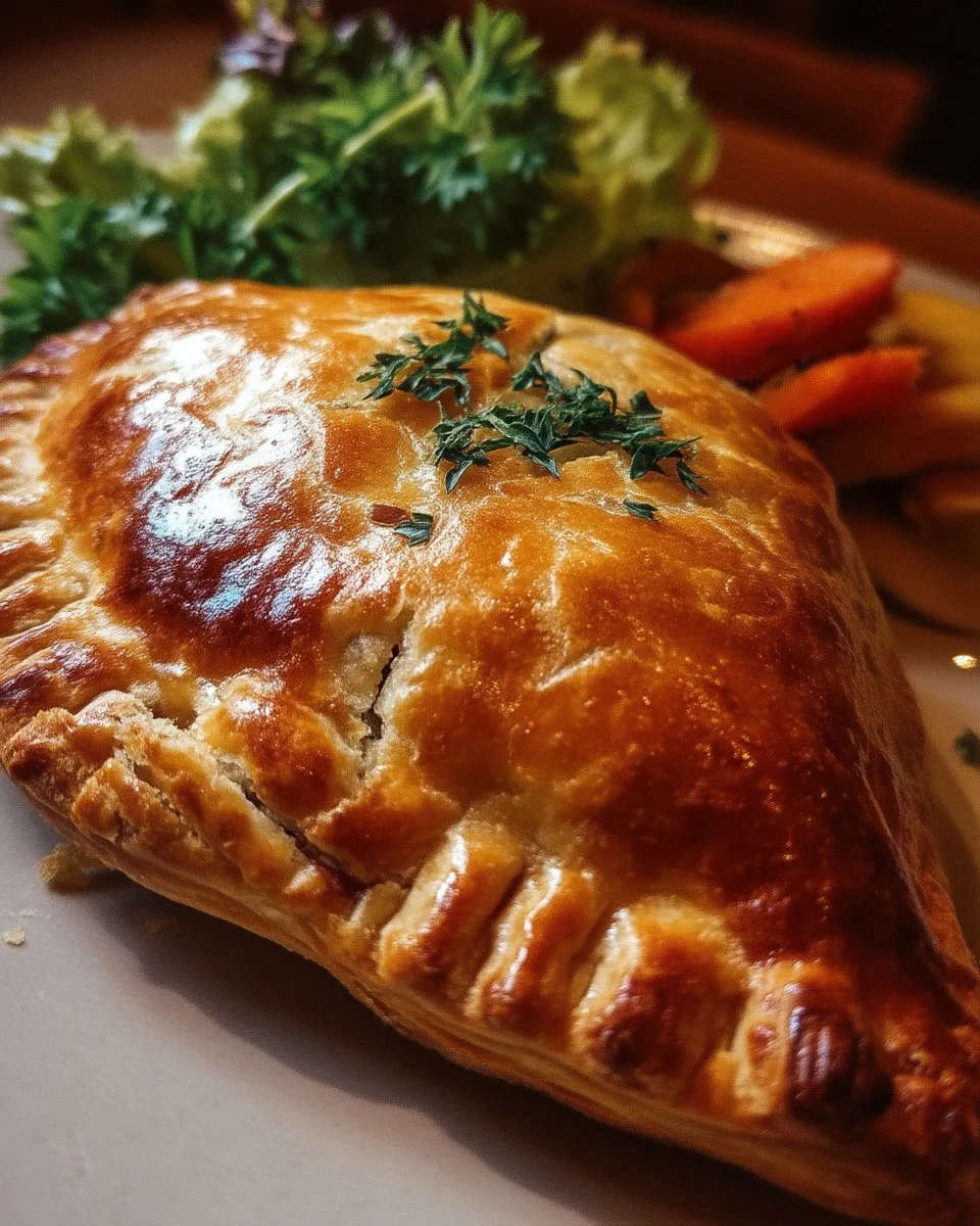 Chausson à la viande hachée doré et appétissant sur une assiette.