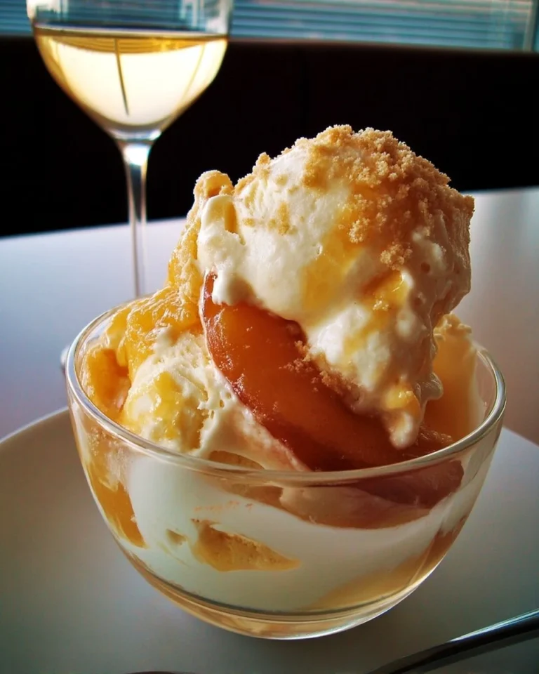 Coupe glacée pêche vanillée avec des morceaux de pêche et crème vanillée.