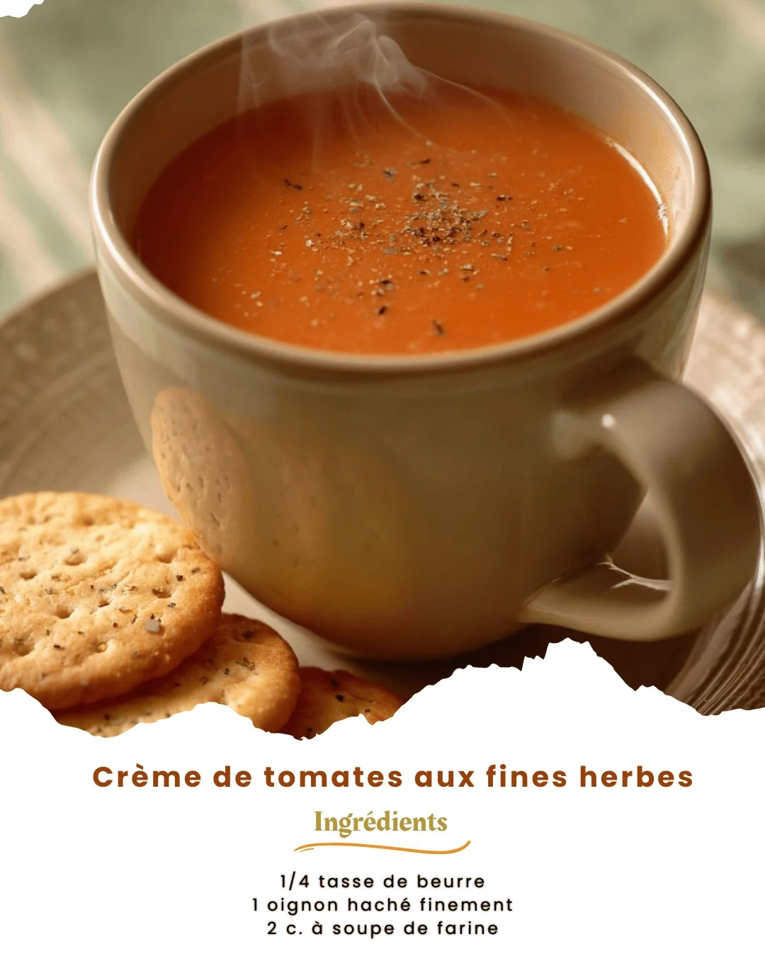 Crème de tomates aux fines herbes servie dans un bol, garnie de basilic frais.