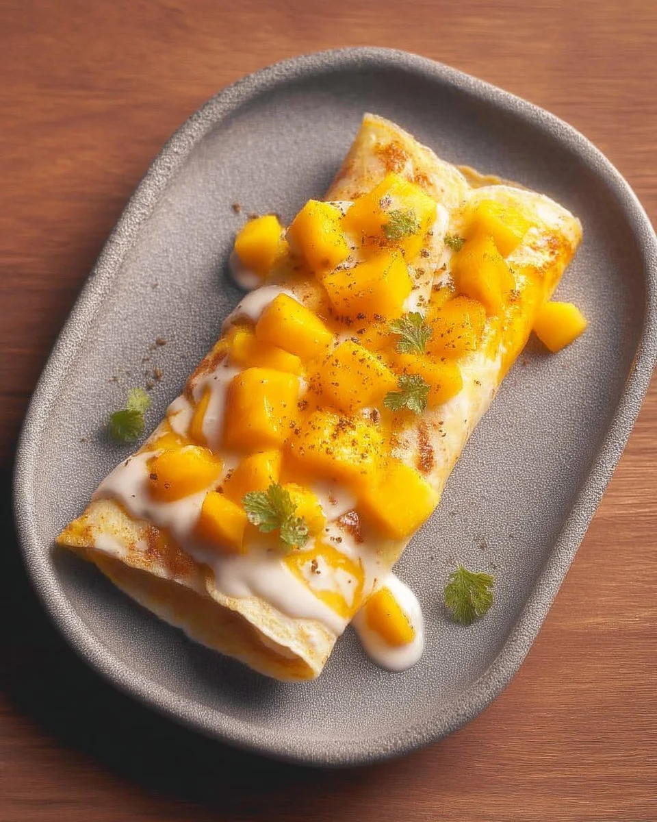 Crêpe roulée à la mangue et crème vanillée, dessert savoureux et coloré.