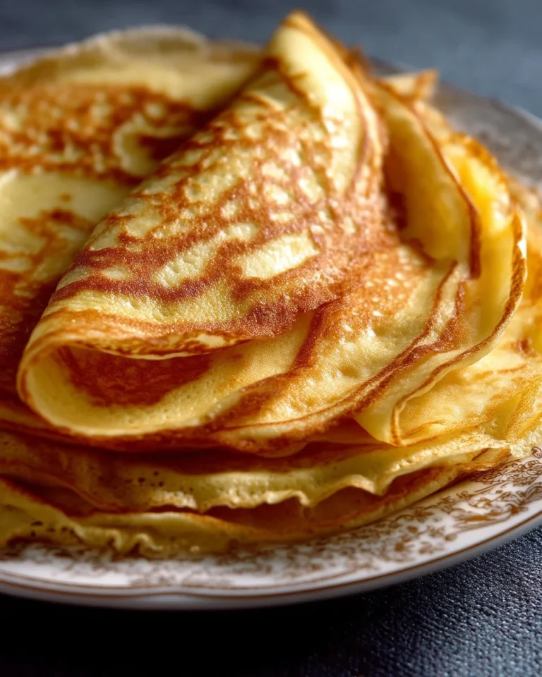 Delicious golden crêpes served with fruit and syrup