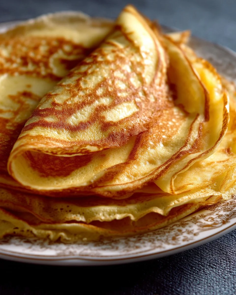 Delicious golden crêpes served with fruit and syrup