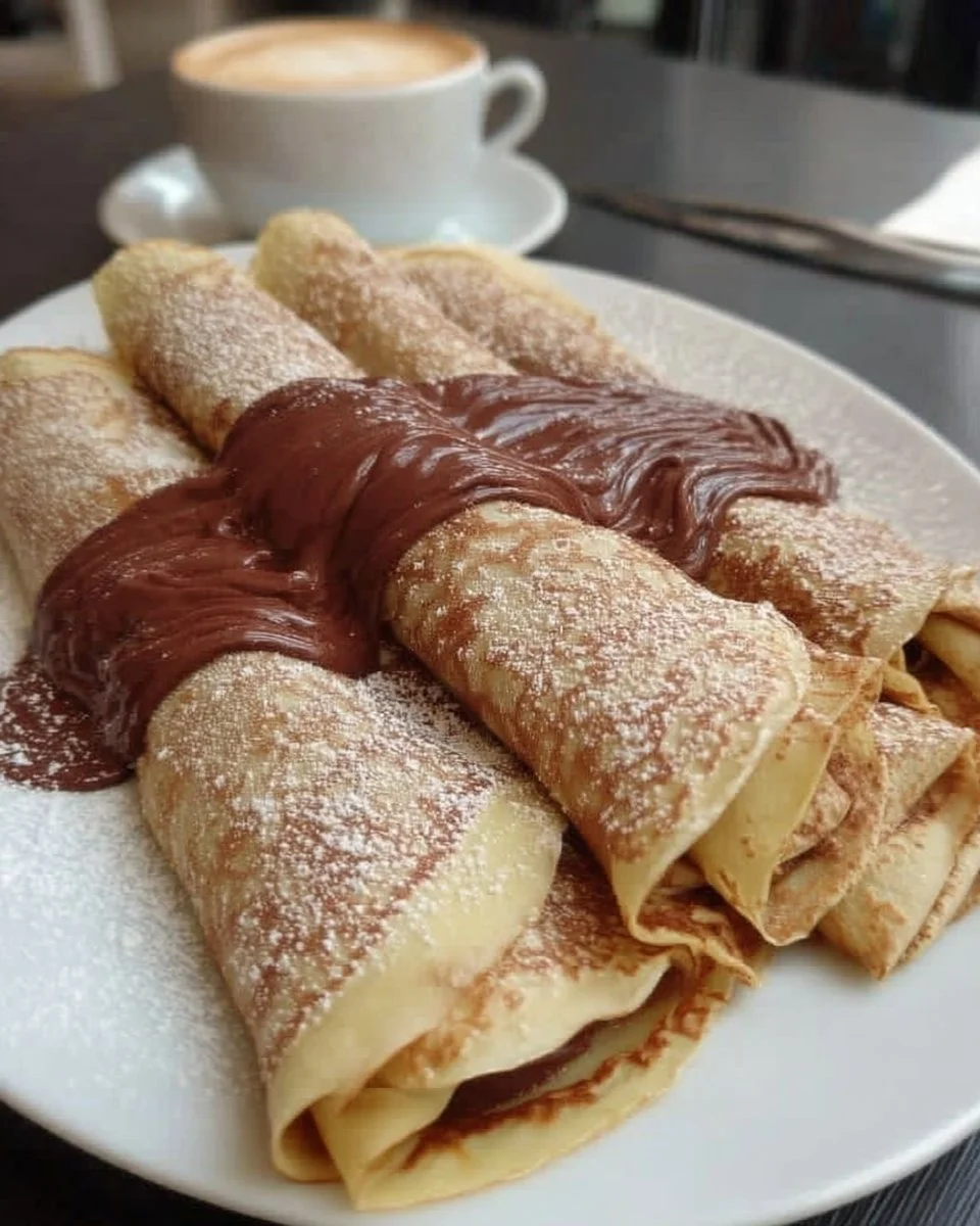 Crêpes au chocolat fondant roulées, idéales pour un dessert savoureux.