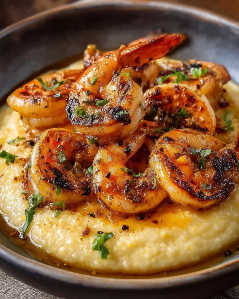 Crevettes grillées servies sur un lit de polenta onctueuse