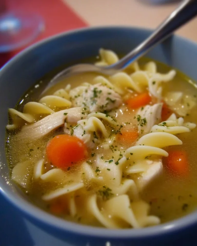Soupe de poulet aux nouilles facile et réconfortante, servie dans un bol chaud